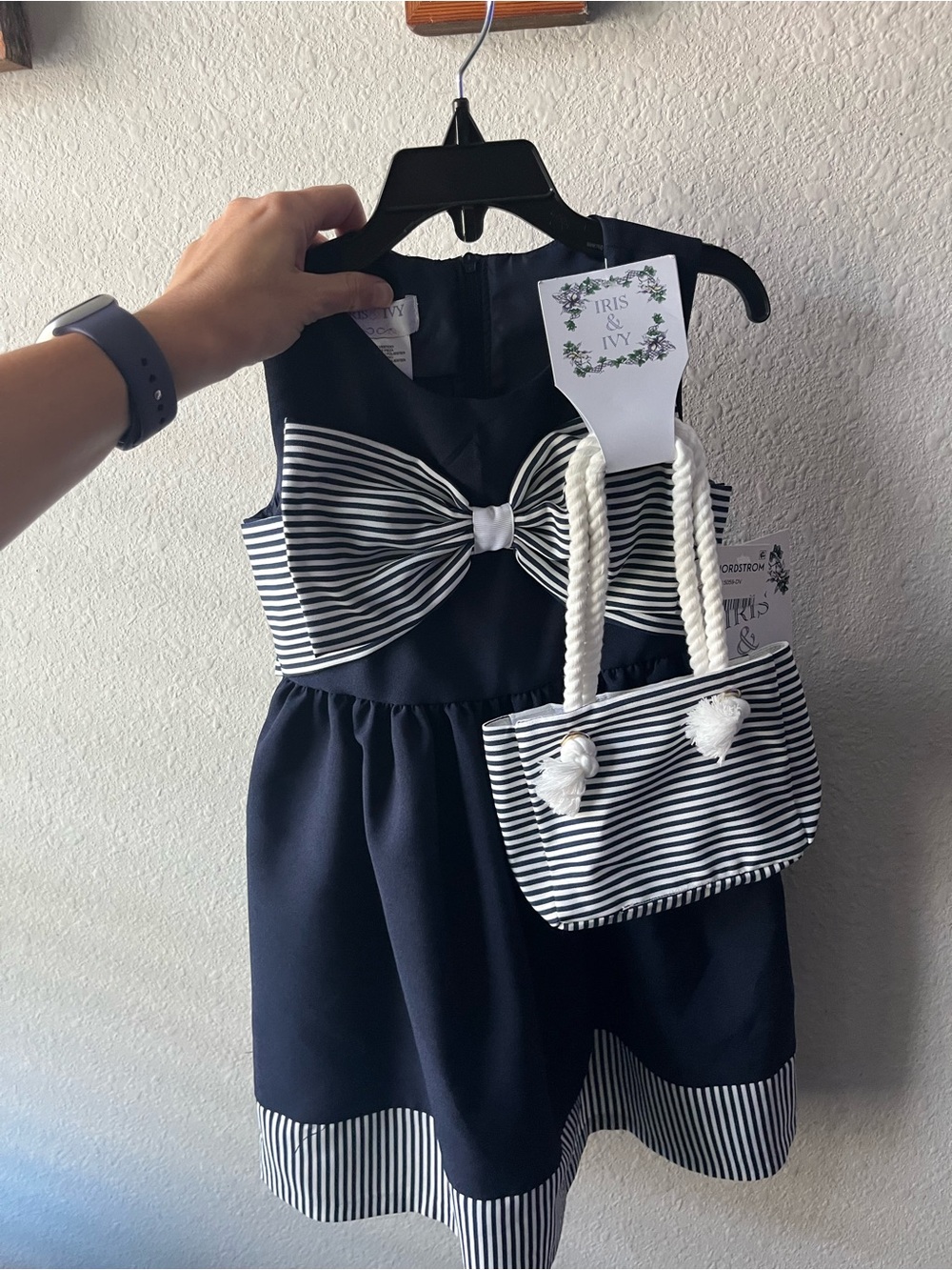 iris & ivy Navy and White Striped Bow Formal Dress with Matching Purse